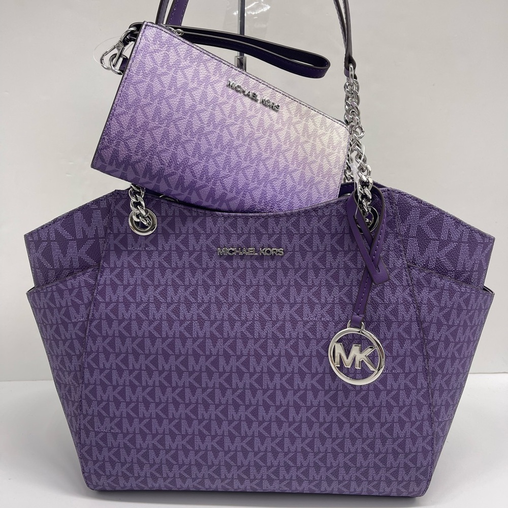 MICHAEL KORS JST Lg Chain Shoulder Tote & Double Zip Wristlet Wallet 
Dk Purple - Picture 5 of 16